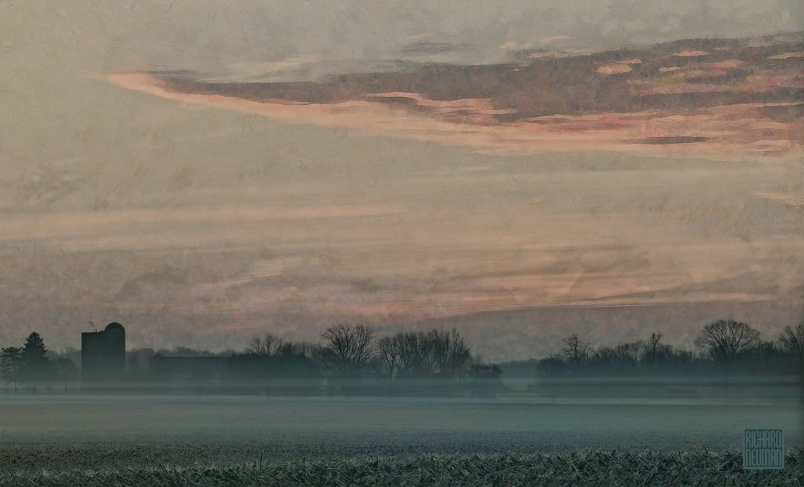 Wide Field at Dawn Watercolor of a rural field at dawn with low ground fog, distant trees and silo silhouettes, and a pink-streaked early morning sky.