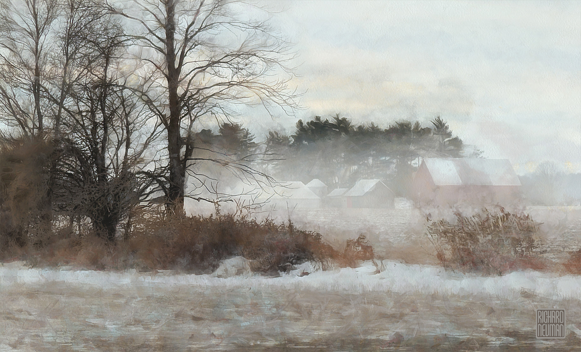 Winter Haze Watercolor of a distant farm in winter haze with faint barns and trees, soft fog, and a snowy field under muted light.