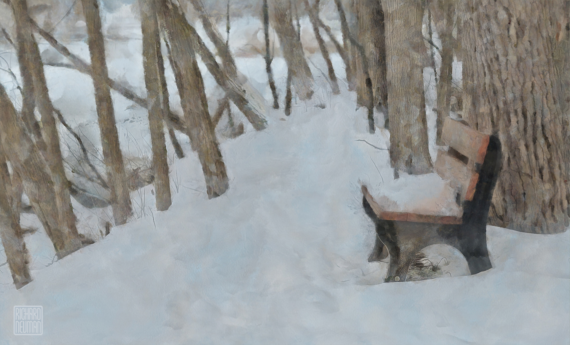 a-trailside-bench-offers-a-peaceful-pause-in-a-snowy-wood-watercolor-richard-neuman.jpg Watercolor of a wooden bench beside a snowy woodland path, with bare trees and soft winter light across a quiet slope.