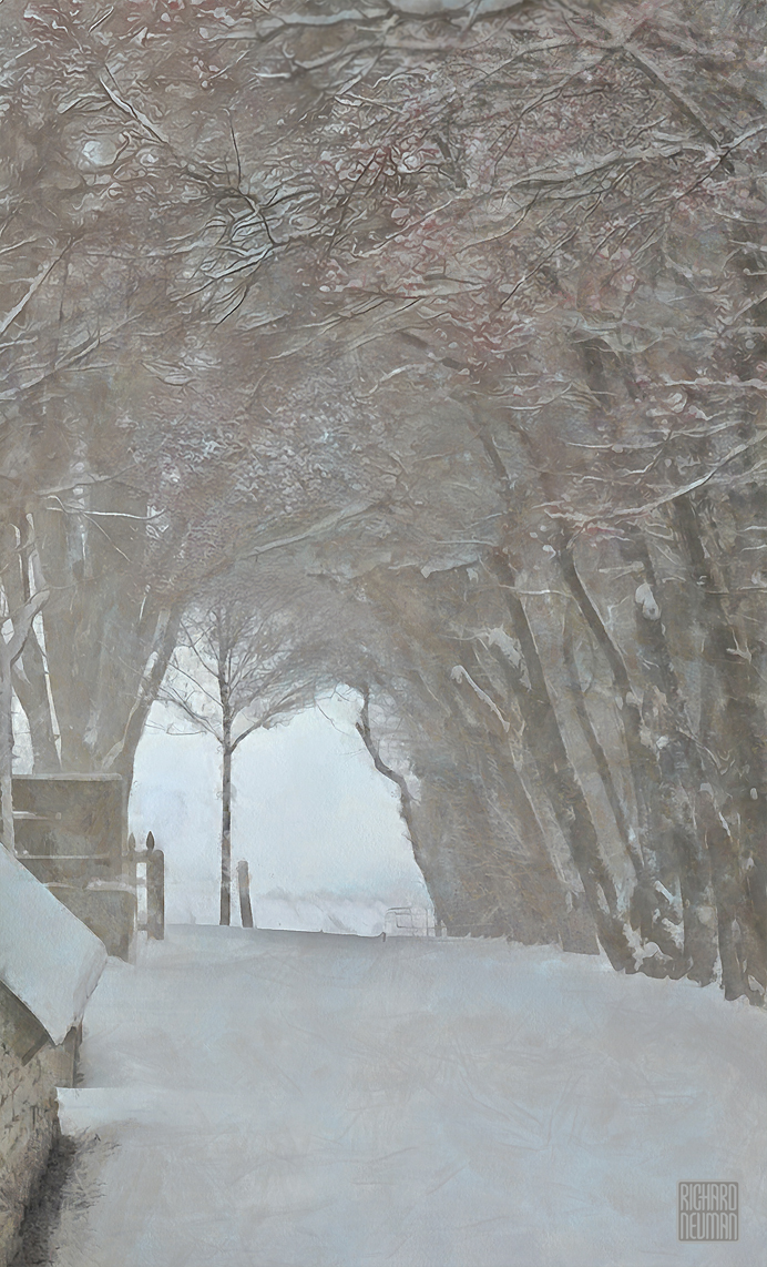 Winter Silence Vertical watercolor of a snow-covered lane under arching trees, with branches forming a canopy and pale distance fading ahead.