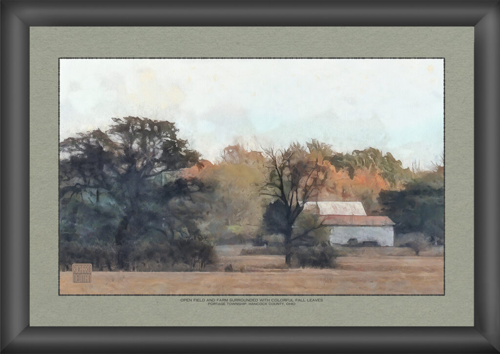 Open field with distant farm and autumn trees in Ohio fall landscape painting