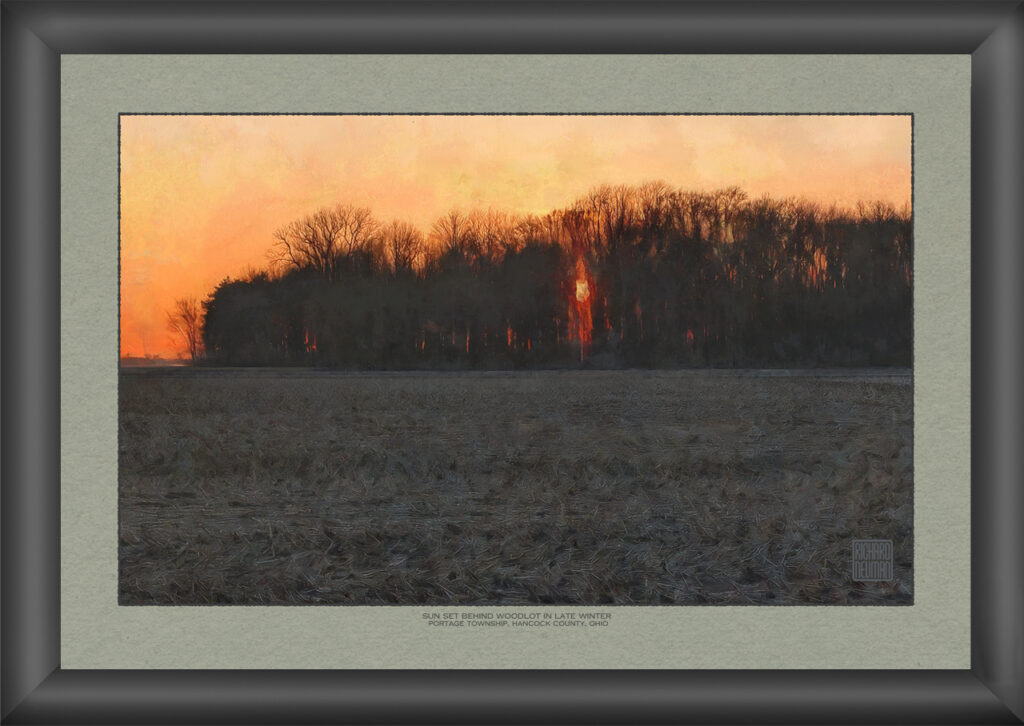 Watercolor painting of a late winter sunset behind a dark woodlot in rural Hancock County Ohio with glowing orange sky and harvested field in foreground.