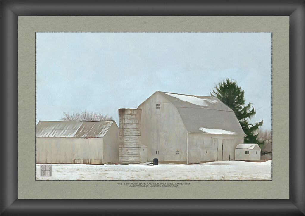 A quiet winter scene featuring a white barn and silo. A minimalist rural painting capturing stillness and open space in Hancock County, Ohio