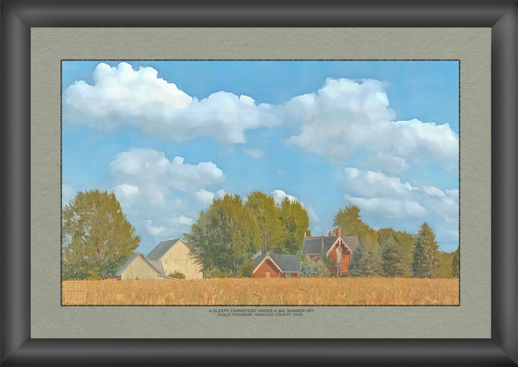 Impressionistic watercolor of a quiet farmstead beyond a golden field beneath towering summer clouds in Eagle Township, Hancock County, Ohio.
