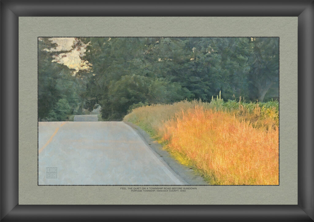 Impressionistic watercolor of a quiet township road at sundown with golden roadside grasses glowing in evening light in Portage Township, Hancock County, Ohio.