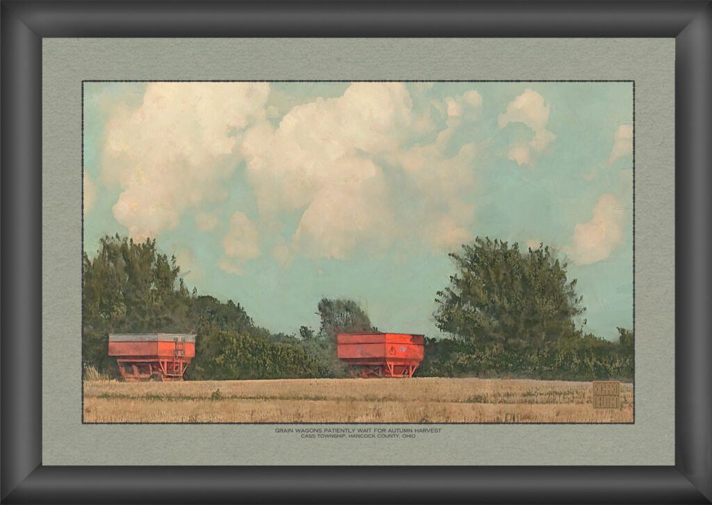 Impressionistic watercolor of empty grain wagons waiting beside a field beneath towering summer clouds in Hancock County, Ohio.