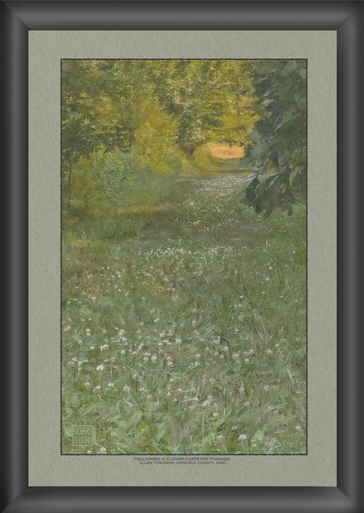 Impressionistic watercolor of a clover-covered grassy passage leading through woodland toward a sunlit meadow in Hancock County, Ohio.