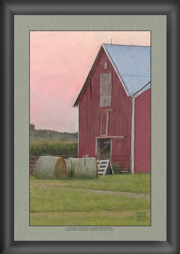 Impressionistic watercolor of a red rural barn, hay bales, and farmyard beneath a soft pink evening sky in Hancock County, Ohio.