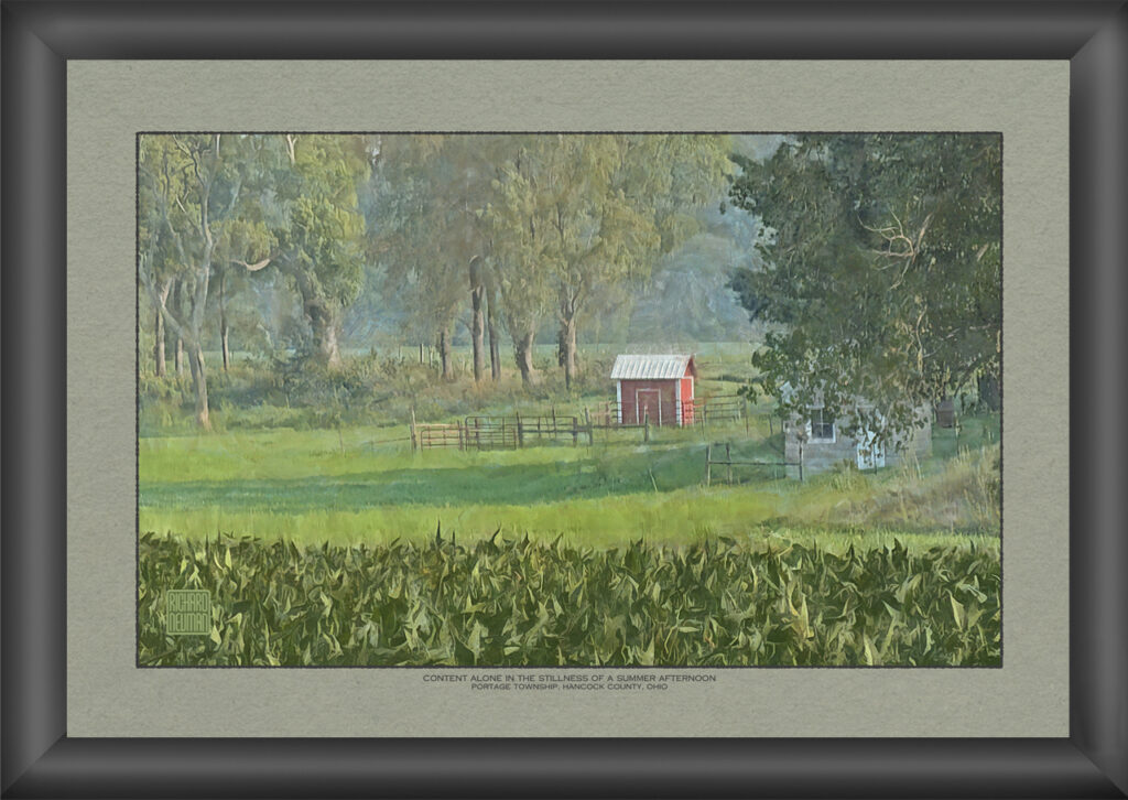 Impressionistic watercolor of a quiet Hancock County Ohio farmstead with a small red outbuilding, fencing, trees, and summer fields.
