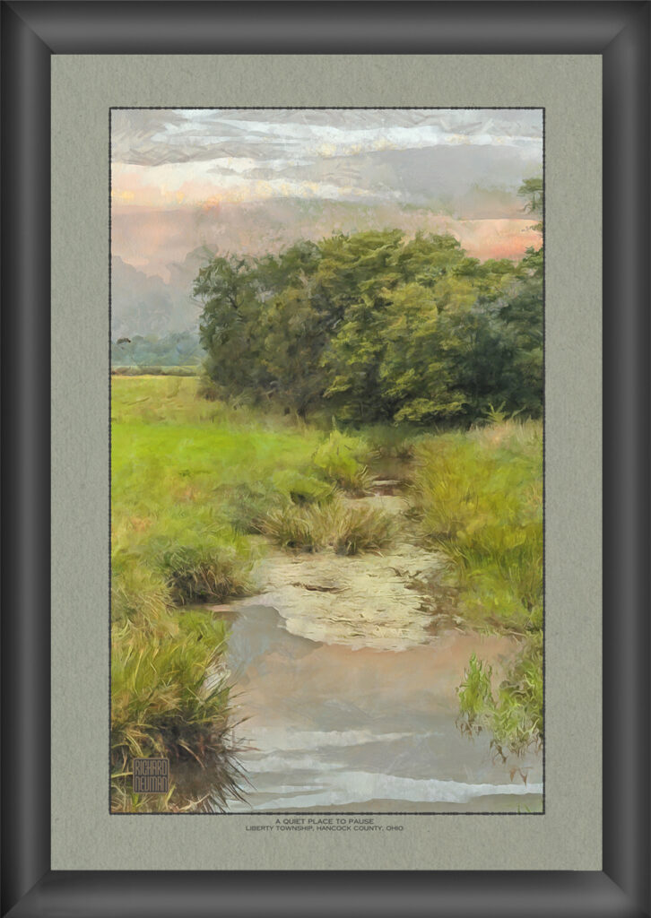 Impressionistic watercolor of a quiet summer pasture with a narrow path and shallow water leading toward trees beneath soft evening light in Hancock County, Ohio.