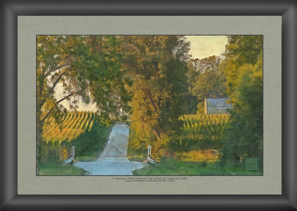Impressionistic watercolor of a quiet country road winding between tasseled cornfields and mature trees on a summer day in Hancock County, Ohio.
