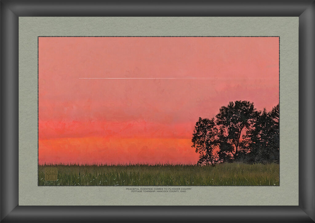 Impressionistic watercolor of a brilliant crimson and coral sunset over open farmland with silhouetted trees in Hancock County, Ohio.
