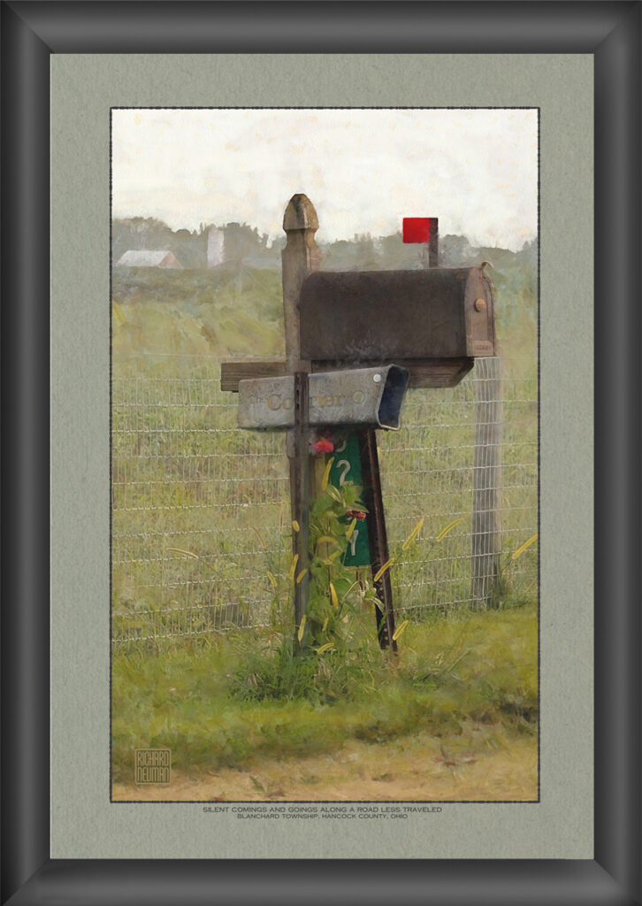 Impressionistic watercolor of an old rural mailbox beside a fenced country road surrounded by fields and tall grasses in Hancock County, Ohio.