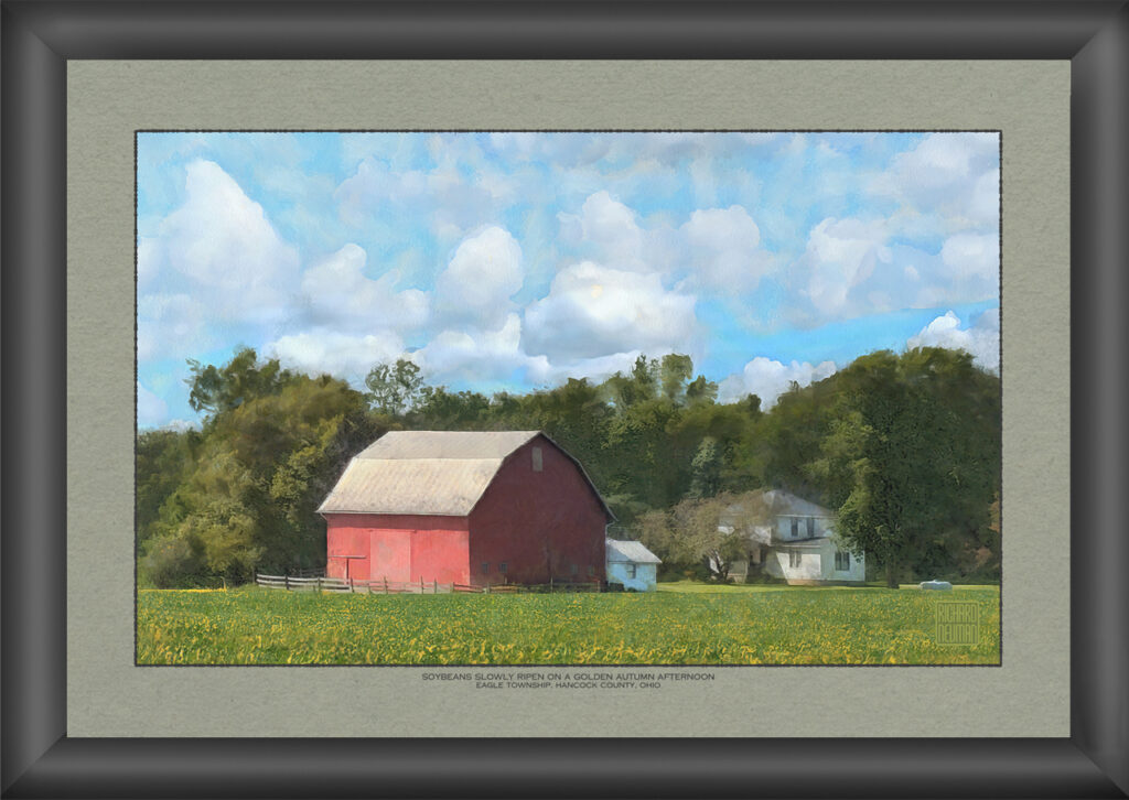 Impressionistic watercolor of a soybean field, red barn, farmhouse, and tree line beneath a bright autumn sky in rural Hancock County, Ohio.
