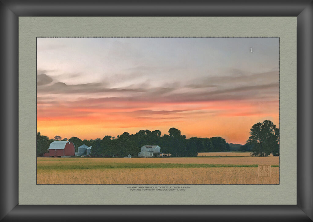 Rural farm buildings and broad fields beneath a glowing twilight sky with a crescent moon